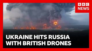 Thumbnail for the video "Ukraine using British drones to strike military and industrial targets deep inside Russia | BBC News" from BBC News