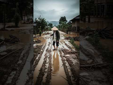 Một cụ già chống gậy đi qua con đường bùn lầy sau mưa lũ 2025