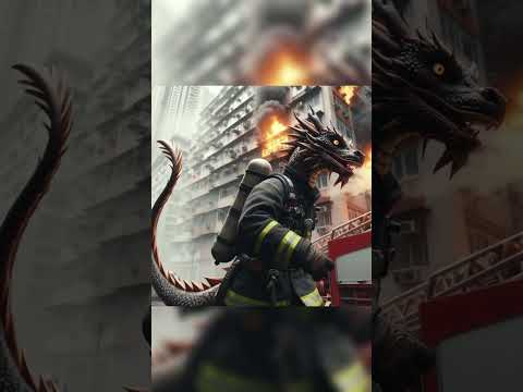 A dragon-headed firefighter stands in a smoky urban alley, wearing gear, with a fire #foxfire
