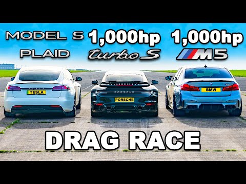 Tesla Model S Plaid vs Porsche 911 Turbo S vs Tuned BMW M5: Electrifying Drag Race Showdown