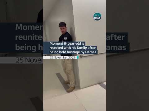 Nine-year-old Ohad Munder ran into his father's arms after being released #itvnews #israel