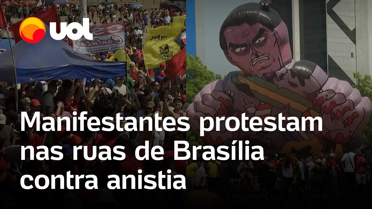 Manifestantes em Brasília levantam Pixuleco de Bolsonaro em ato contra anistia e PEC da Blindagem