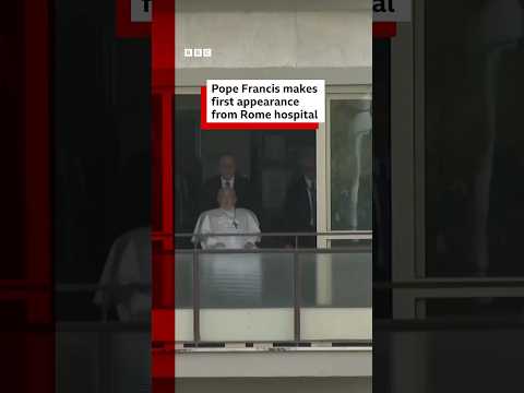 Pope Francis waves from window of Rome hospital ahead of being discharged. #PopeFrancis #BBCNews