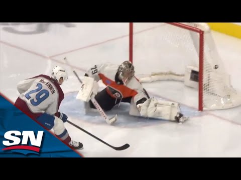 Nathan MacKinnon Rips One Past Flyers Carter Hart On A Break Away