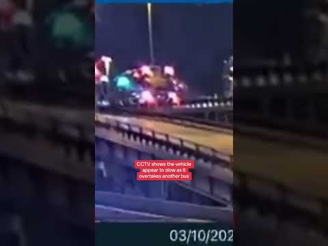 CCTV shows coach toppling off an overpass in Italy