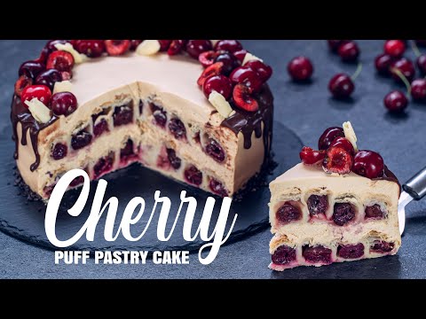 Cherry Puff Pastry Cake with Caramelized White Chocolate Frosting