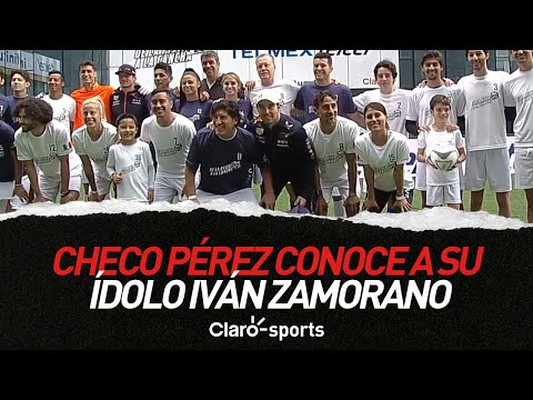 Checo Pérez conoce a su ídolo Iván Zamorano en el partido de exhibición ‘De la pista a la cancha’