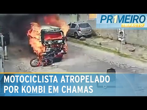 Kombi em chamas atropela motociclista no RJ | Primeiro Impacto (19/04/24)