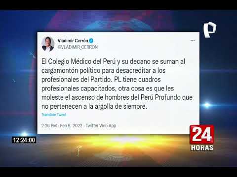 Vladimir Cerrón responde al Colegio Médico del Perú tras críticas al nuevo ministro de Salud