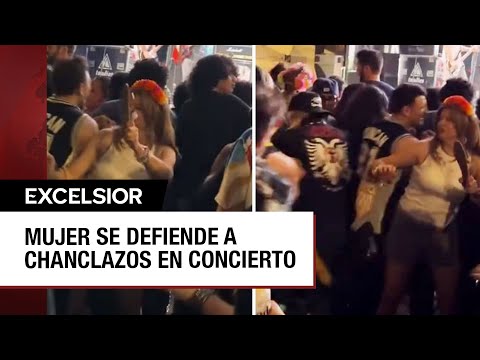 Mujer reparte chanclazos para protegerse del slam durante un concierto